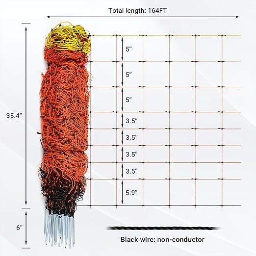 Electric Netting 35.4"H x 164'L, Electric Netting with Posts and Double-Spiked Stakes, Portable Electric Fence Netting for Backyards, Homesteads, Gardens, Farms, and Ranches