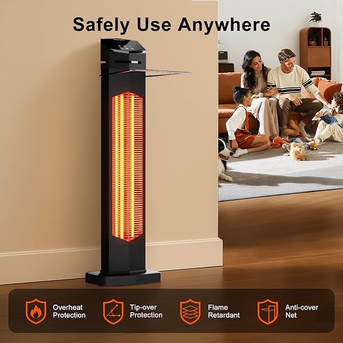 AKIRES 37IN Outdoor Electric Patio Heater,Portable Infrared Heaters With Remote,IP54 Waterproof Tower Space Heater,12H Timer,Large Room Heater for Garage Backyard Porch Balcony Shop Patio,Black