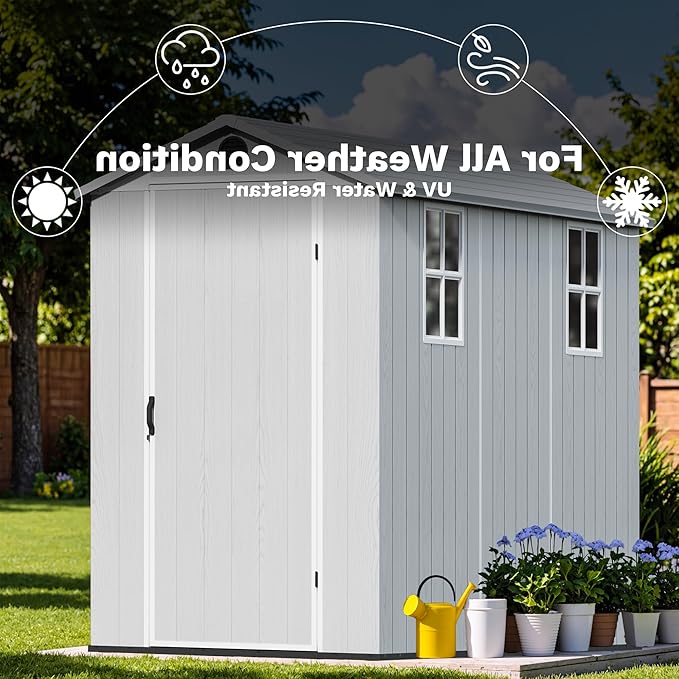 Devoko 4×8 FT Resin Outdoor Storage Shed, Garden Shed with Floor, Lockable Door and Two Windows, Waterproof Outside Plastic shed for Backyard, Bike, Tools, Lawn Mower, Light Grey