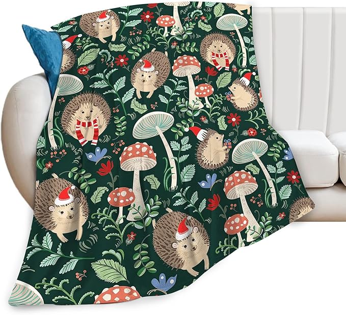 Hedgehog Blanket for Girls Boys Soft Warm Plush Cute Hedgehog Mushroom Throw Blanket Flannel Fleece Fuzzy Stuff for Bed Couch Living Room Decor 80"X60"
