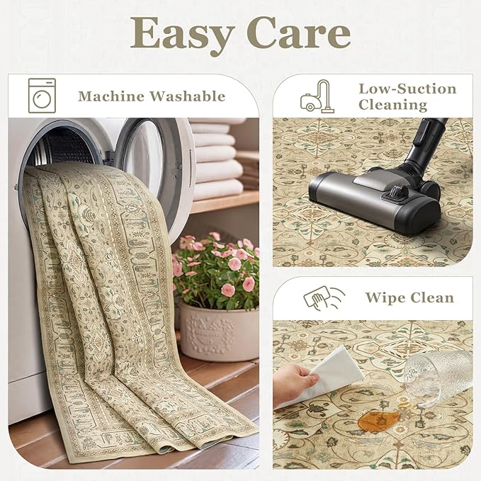 Boho 8x10 Rugs for Living Room Bedroom, Washable Area Rugs for Dining Room Non Slip, Floral Moroccan Pattern Printed Carpet Rug Low Pile Thin for Nursery Playroom Kids Room, Warm Beige