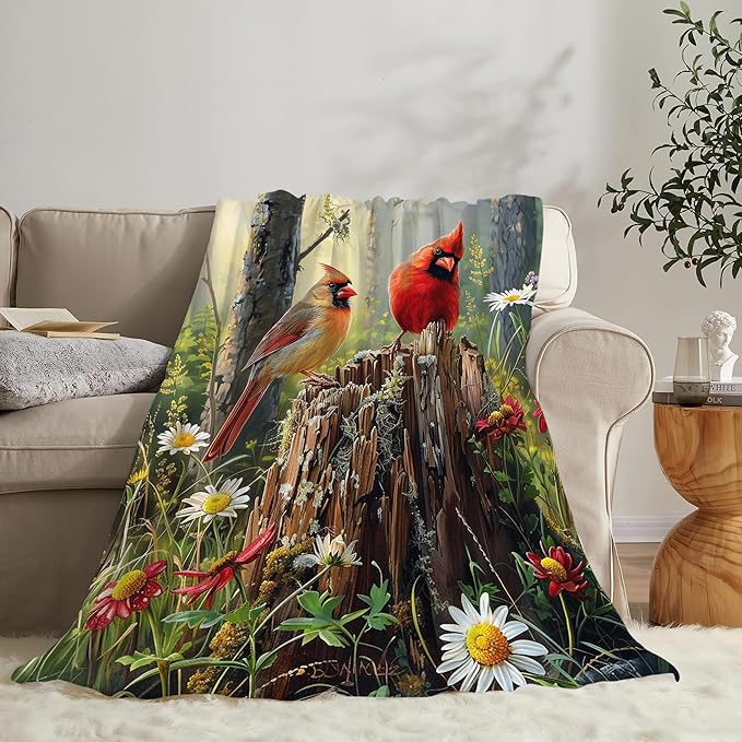 Cardinal Bird Blanket Cardinal in Forest Throw Blanket Bird Gifts and Decor Bird Blanket for Girls Women Kids Adults Soft Warm Cozy Fleece Blanket for Couch Sofa Bed 80"x60"