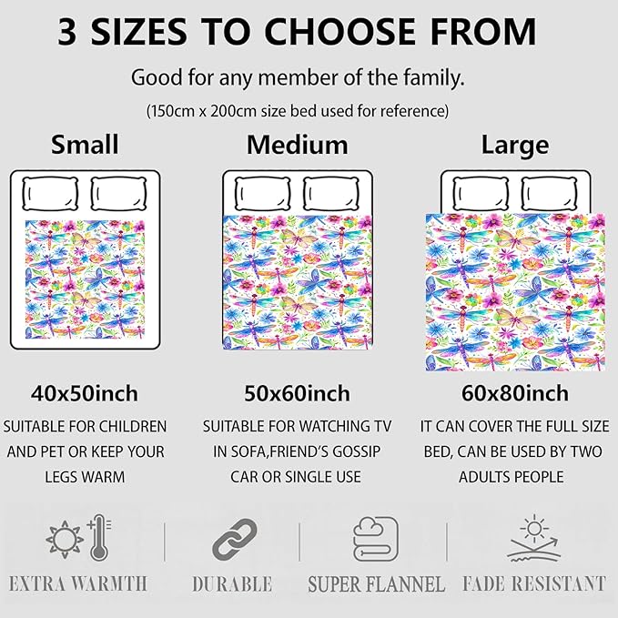 Colorful Dragonfly and Butterfly Throw Blanket Gifts for Women, Soft Fuzzy Warm Cozy Flannel Blankets for Bedroom, Travel, Couch, Home Decor 60x80 in