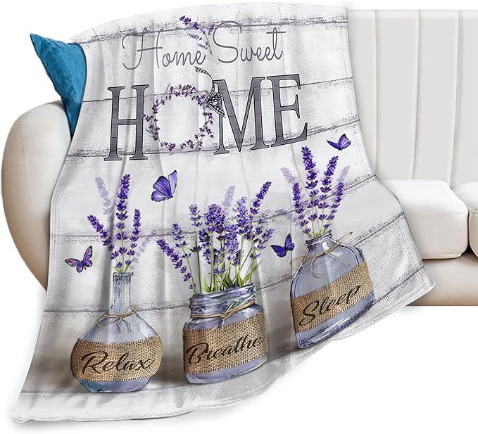 Farmhouse Floral Blanket for Women Girls Ultra Soft Cozy Lavender Flower Throw Blanket Fleece Fuzzy Plush Bedding Blanket Purple Flower Gifts for Women Girls Kids Adults Couch Sofa 60"x50"