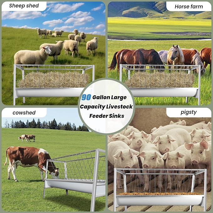 2-in-1 Goat Hay Feeder, Galvanized Steel Livestock Hay Feeder with 30 Gallon Feeding Pan, Detachabe Hay Rack for Sheep, Cow & Horse, Easy to Assemble, Silver