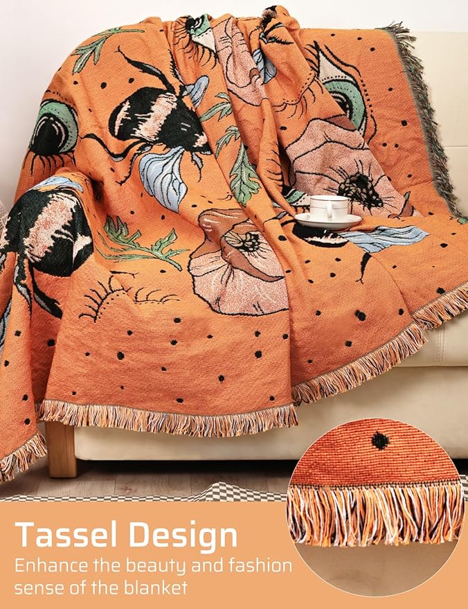 Boho Throw Blanket for Bed Couch Sofa Reversible Cotton Bohemian Travel Boho Quilt Mexican Muslin Blanket Tapestry Hippie Room Decor Outdoor Blanket Double Sided (Boho Bee Yelow 60"x80")