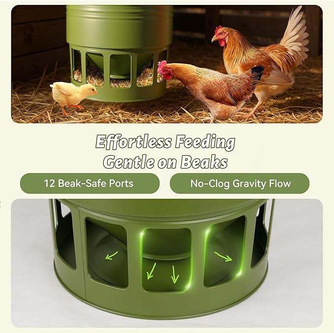 Hanging Chicken Feeder – 20lbs Metal Chicken Feeder, Adjustable Poultry Feeder with 12 Ports, No Installation & Universal Height Design (Avocado Green, 20lbs)