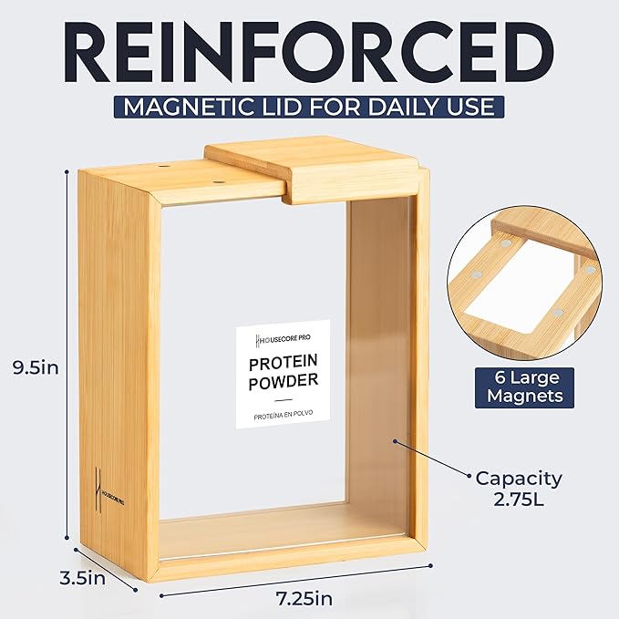 HouseCorePro 2 Pack Bamboo Food Storage Containers – Large 2.75L Food Dispenser with Measuring Spoon, 18 Labels, 6 Freshness Stickers, Wood Pantry Organizers and Storage for Dry Goods, 9.50x7.25x4in.