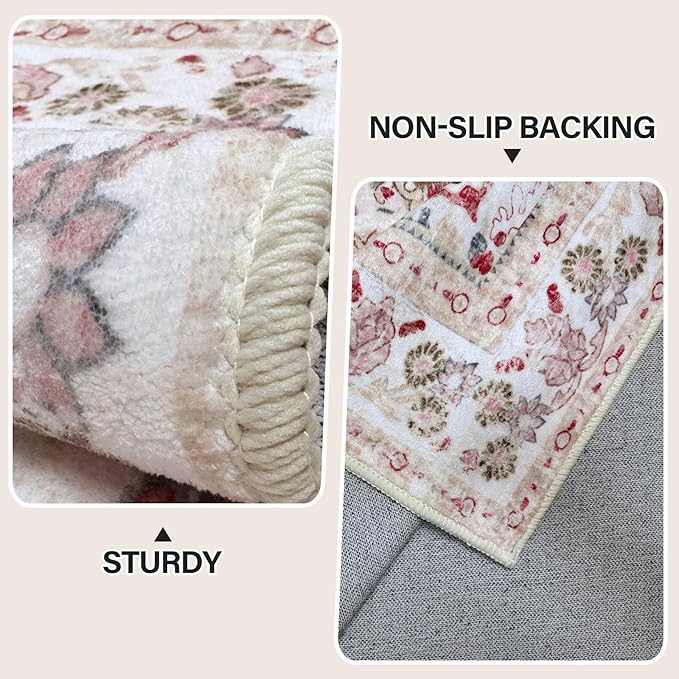 Vhong Pink Area Rugs Washable Boho Vintage Modern Neutral Large Carpet 5×7 High Traffic Rugs for Dinning Room Living Room Bedroom Girls' Room Nursery Room Non Slip