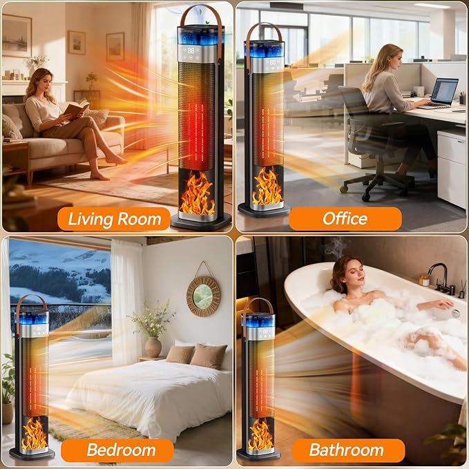 Tower Space Heater, Portable Electric Space Heaters for Indoor Use with Thermostat,Spray Humidification,3D Simulated Charcoal Flame,Remote,2000W PTC Ceramic Fast Safe Heating for Bedroom Home Office