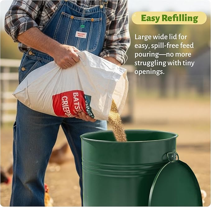 KOL 50 LB Large Free Standing Chicken Feeder, Portable Gravity Chicken Feeder Automatic, Dispenser, 8 Feeding Ports Poultry Feeder for Chicken Rooster & Hen (Green)