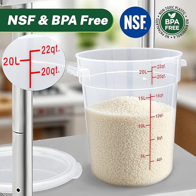 Round Food Storage Container with Lid, 22 Qt Translucent, Commercial 4 Pack of – NSF Listed, BPA-Free, Polypropylene, Non-Stick, Scale, with Labels & Measuring Cups