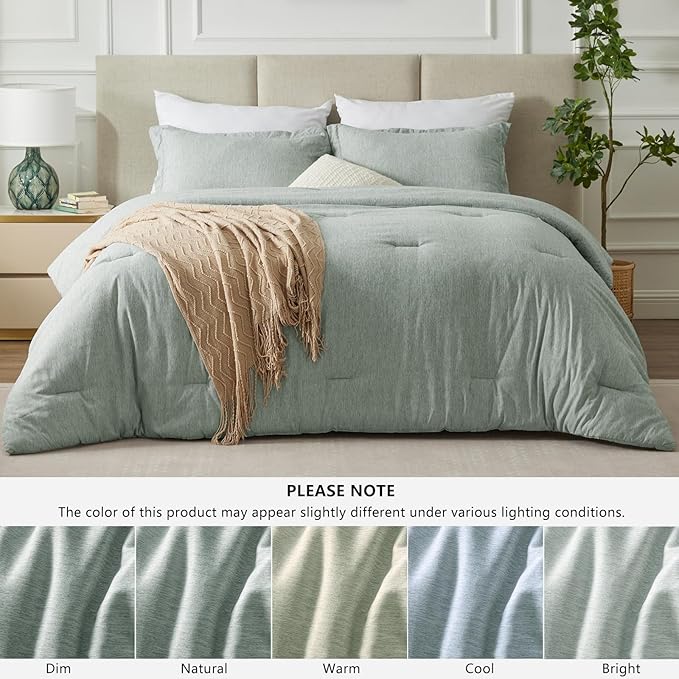 CozyLux King Size Comforter Set - 3 Pieces Sage Green Soft Luxury Cationic Dyeing Bedding Comforter for All Season, Breathable Lightweight Fluffy Boho Bed Sets with 1 Comforter and 2 Pillow Shams