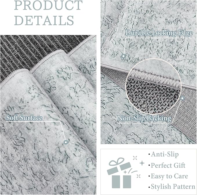 Madane 9x12 Area Rugs for Living Room, Machine Washable Rug with Anti-Slip Backing, Soft Vintage Large Area Rug, Floral Print Floor Carpet for Bedroom Dining Room (9 x 12, Light Grey)