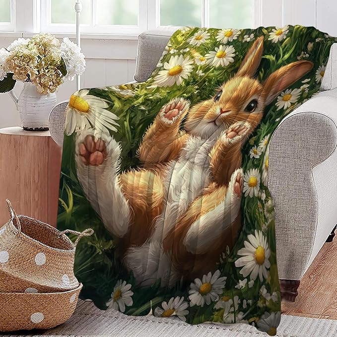 Cute Rabbit Blanket Bunny Hare Throw Blankets Daisy Gifts for Girls Boys Kids Rabbit Lover Soft Cozy Fleece Plush for Couch Sofa Bed 80"x60"