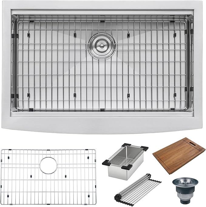 Ruvati 36-inch Rounded Corners Apron-front Workstation Farmhouse Kitchen Sink - 16 Gauge Stainless Steel Kitchen Sink Single Bowl with Brushed Finish hides scratches - RVH9300