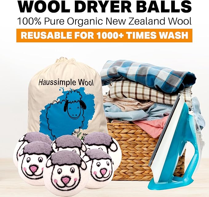 Wool Dryer Balls 6-Pack 100% Natural New Zealand Wool, Handmade in Nepal Reusable Laundry Balls, Faster Drying, Softer Clothes, Anti-Static, Dryer Sheets Alternative (Sheep)