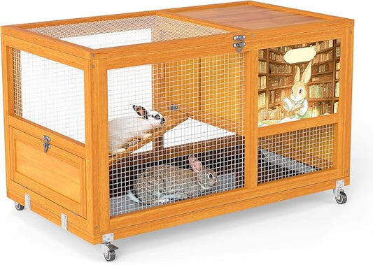 COZIWOW 36.5-Inch Double-Decker Wooden Rabbit Hutch with Wheels, Featuring A Cleaning Tray and Ladder—Stylish and Easy to Assemble（Orange and Pattern）