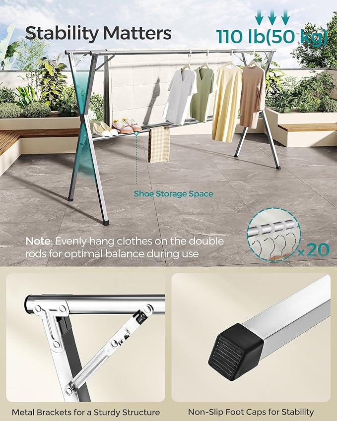 SONGMICS Clothes Drying Rack, Heavy-Duty Laundry Drying Rack, 56.3-93.7 Inches Extendable, Foldable Freestanding Airer, Stainless Steel, for Indoor Outdoor Use, Dove Gray ULLR903E01