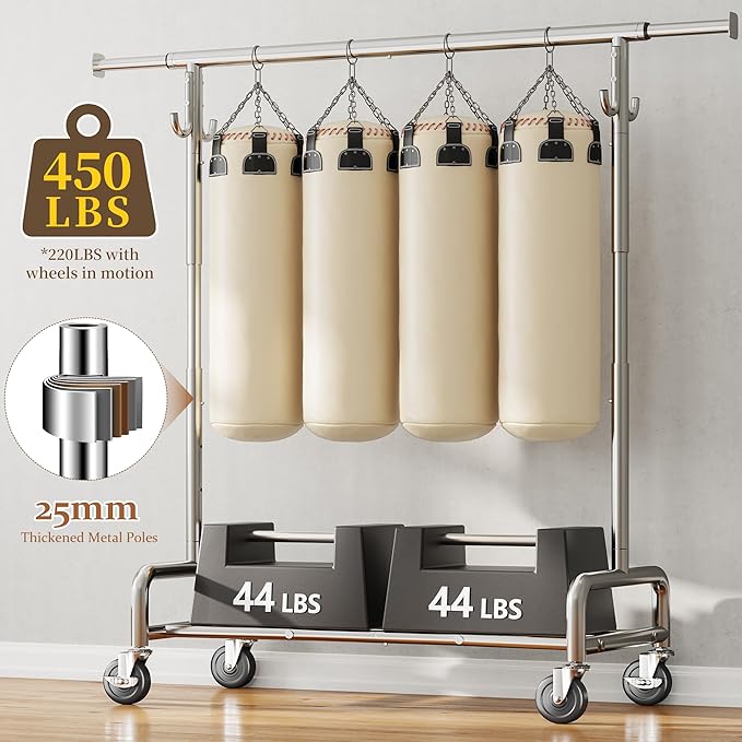 Raybee 75" W Heavy Duty Clothes Rack Load 450 LBS, Metal Garment Storage with Shelf, Lockable Wheels & Anti-Slip Stoppers, Rolling Clothing Rack for Bedroom Laundry Room