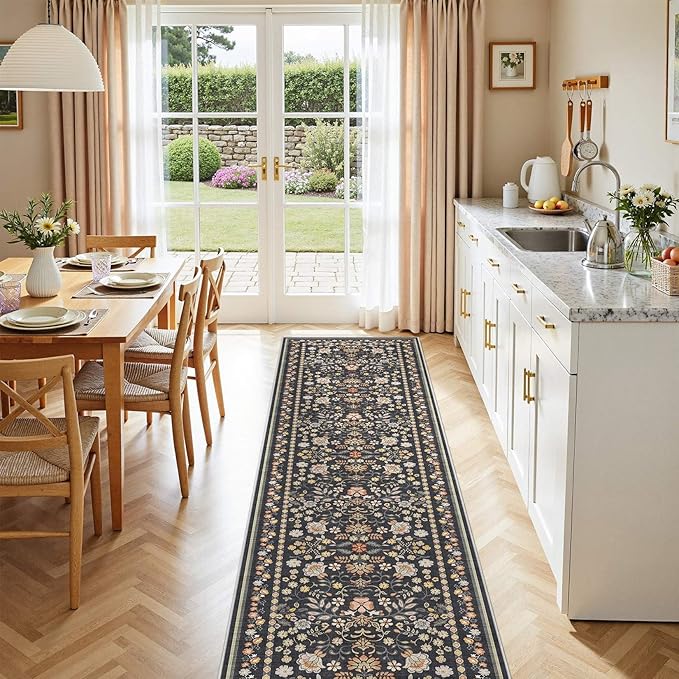Runner Rug for Hallways Kitchen: 2x8 Washable Area Rug Boho Floral Soft Long Rug - Non-Slip Low Pile Throw Indoor Carpet for Entryway Kitchen Bedroom Laundry Bathroom - Black Grey
