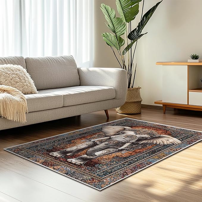 3x5 Elephant Area Rugs Boho Elephant Rug for Bathroom Kitchen Entryway Indoor Soft Non-Slip Thin Hippie Carpet Vintage Small Brown Doormat for Office Dining Room Under Table Washable Machine