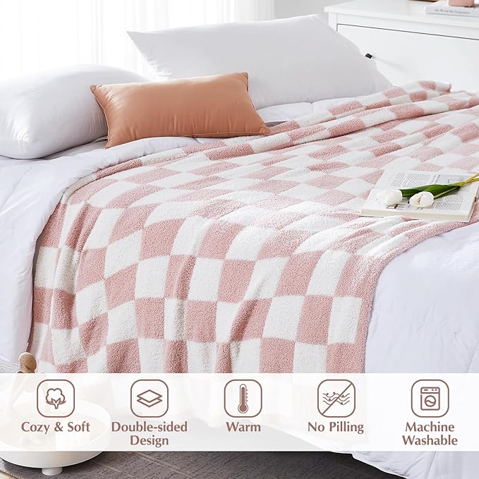 WRENSONGE Checkered Throw Blanket, Pink Soft Cozy Fluffy Warm Hand Made Weave Throw Blankets for Couch, Sofa, Chair, Bed, Camping, Picnic, Travel Lightweight Bed Blanket - 60 * 80