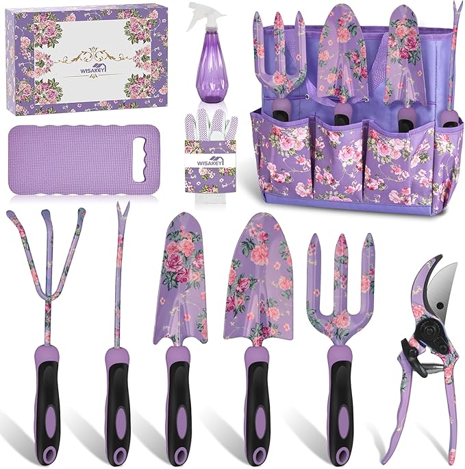 Gardening Tools, WisaKey 10 Piece Heavy Duty Purple Garden Tool Set Durable Garden Supplies Organizer Bag Garden Hand Tools Gardening for Women Grandmother Granny White Elephant Gifts