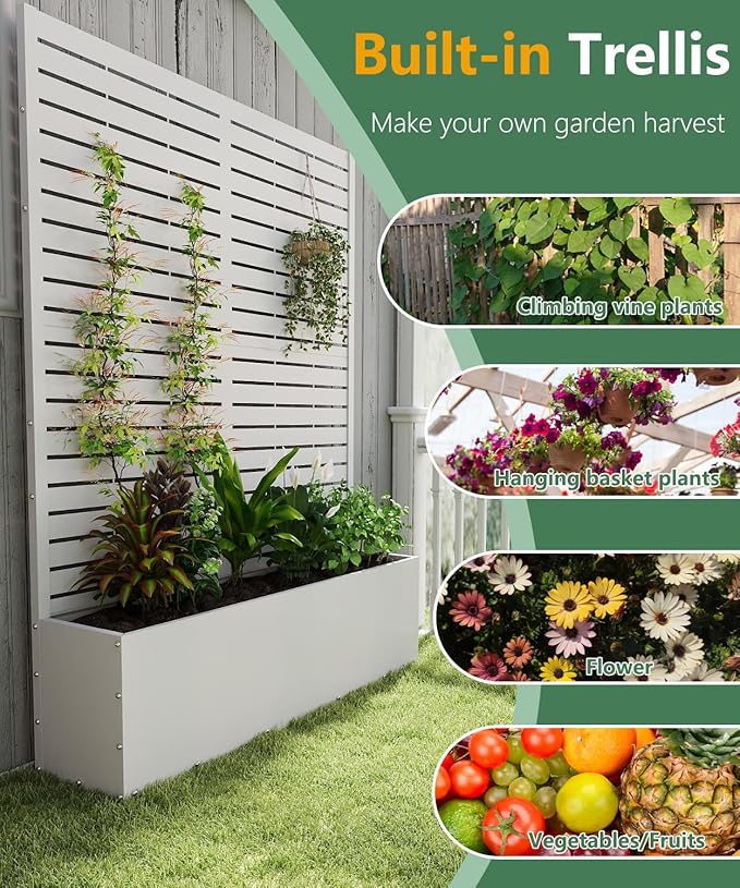 Metal Planter Box with Trellis,70.9"x47.2"x15.7" Raised Garden Bed with Drainage Holes, Privacy Planters for Outdoor Garden Bed for Climbing Plants,Vegetables,and Vines, White-louvered