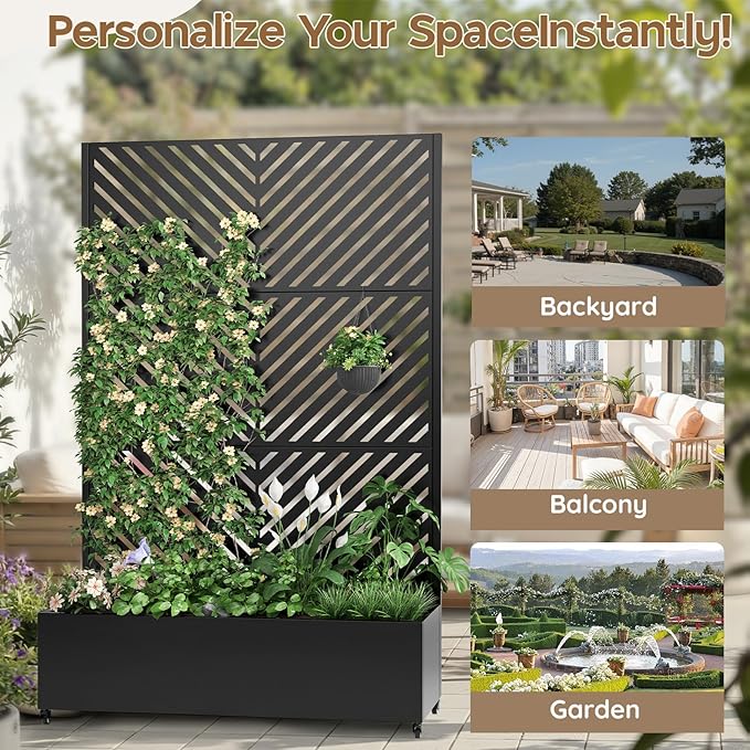 Metal Planter with Trellis& Wheels 72" x 47"x 15.7" Raised Garden Bed with Trellis,Privacy Planters for Patio,Garden Bed for Climbing Plants,Suitable for Climbing Plants and Vegetables,Black