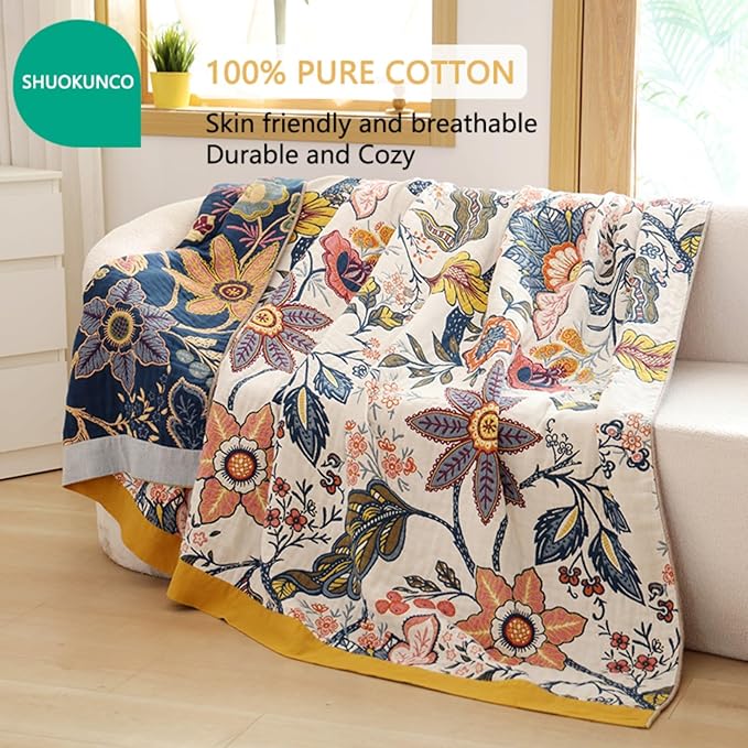 Boho Throw Blanket for Bed 100% Cotton Ultra Soft Rustic Quilt Fall Blanket Bird Floral Printed Farmhouse Decor Bed Blankets,60"×80" All Season Rustic Throw for Sofa Couch Chair