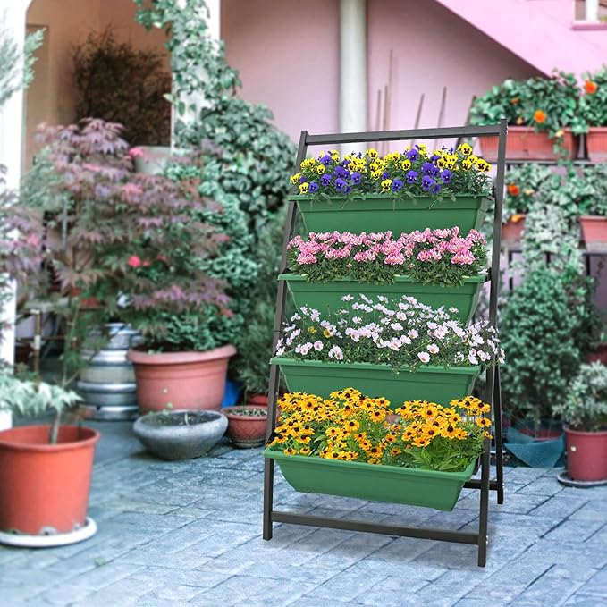 Vertical Raised Garden Bed, Freestanding Elevated Planter with Drain Holes, 4 Tier Planter Box Container Gardening Outdoor Indoor Gift for Flowers Vegetable Seeds Patio Balcony Greenhouse, Green
