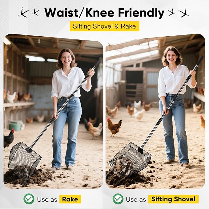 Upgraded 12-inch Chicken Poop Scooper Rake, Durable Metal Poop Scoop for Chicken with 24 to 68" Adjustable Stainless Steel Handle, Litter Scooper for Sand Sifting Shovel for Animals House