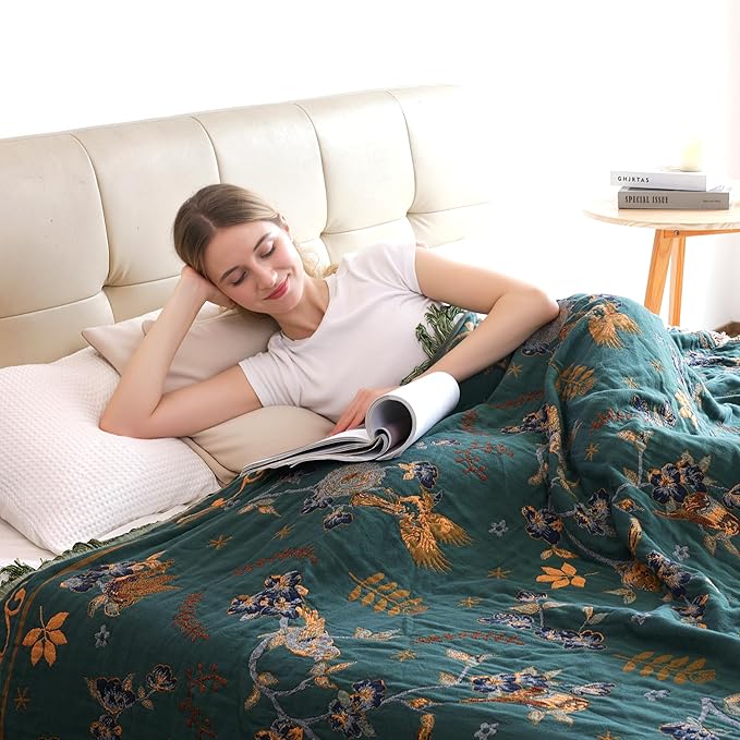 Boho 100% Organic Cotton Muslin Large Throw Blanket 60" x 80" - All Season Rustic Ultra Soft Breathable Floral Bird Blanket for Bed Sofa Couch Chair Bedspread Quilt Gift,-Teal,Beige