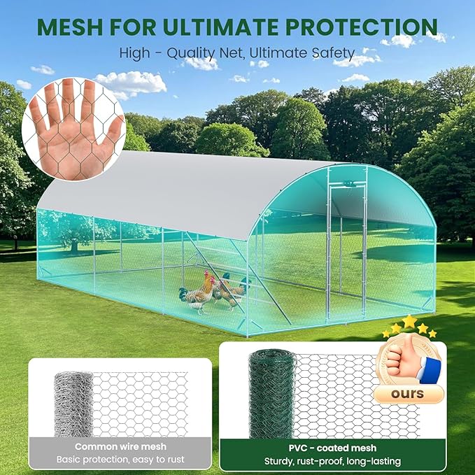 Chicken Coop Large Metal Chicken Run with Full-Top Waterproof Cover - Chicken House for 24/30 Chickens, Poultry Cage with Solar Light, Backside Poles, Walk-in Pen for Rabbits Ducks Yard 3 Room