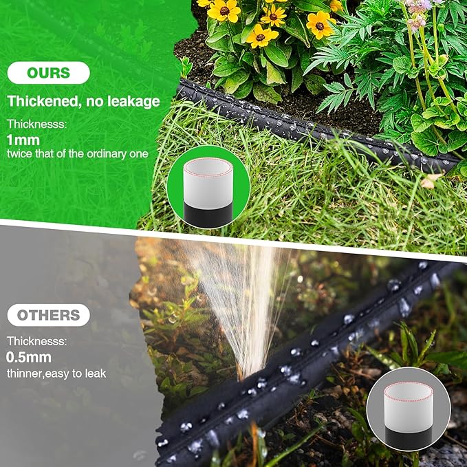 Mixc 2025-Thickened Flat Soaker Hose 200Ft with Copper Joint,Aluminum Seal,1mm Thickened Hose,360°Swival Handle and Inlet,Hole Pressure Relief Gasket,Drip Kit for Vegetable Garden,Lawn,Flower Bed