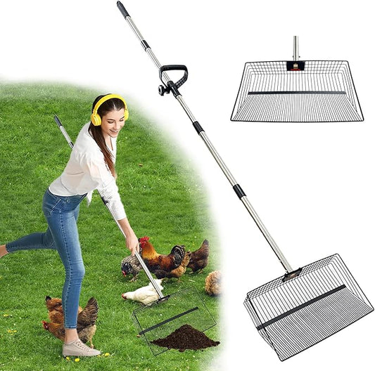 15inch Large Metal Chicken Poop Scooper for Sand, Chicken Pooper Scooper with 39 to 76" Adjustable Stainless Steel Handle, Litter Scooper Sand Sifting Shovel for Dogs, Cats, Chicken Coop Accessories