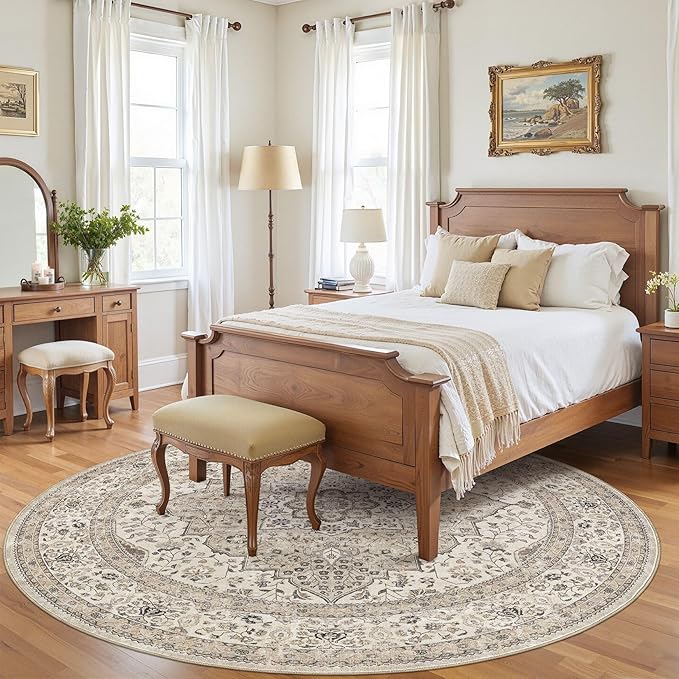 Washable 8 Ft Round Area Rug - Vintage Floral Stain & Fade Resistant Non-Slip Backing Carpet for Living Room, Bedroom, Dining Room, Home Office Floor Decor Large Carpets (Brown/Beige)