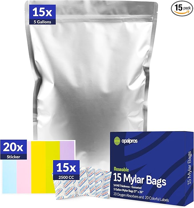 15-Pack 14 Mil Mylar Bags with Oxygen Absorbers, Gusseted 5 Gallon with 2500cc OA - Resealable Mylar Bags for Food Storage with Colourful labels