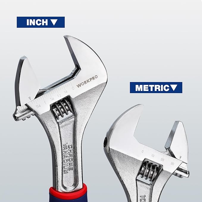 WORKPRO 10-inch Adjustable Wrench, Wide Jaw Opening Wrench with Rubber Anti-slip grip, Metric/SAE Scales, Premium Cr-V Steel, Chrome Plated