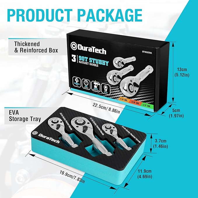 DURATECH 3PCS Stubby Ratchet Wrench Set, 90-Tooth 1/4" 3/8" 1/2" Drive Socket Wrench, Mini Small Ratchet with CR-MO Head, Quick-Release & Reversible Design, Full Polished, EVA Organizer