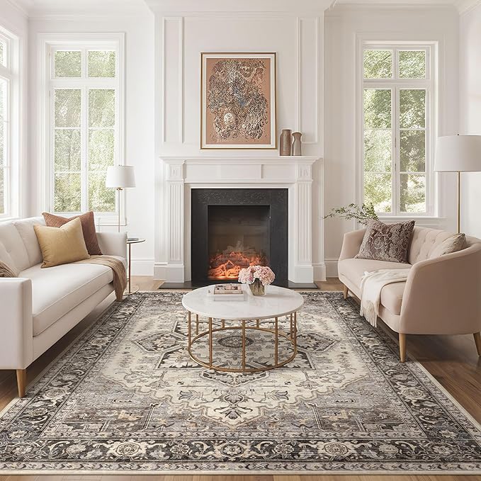 Area Rug for Living Room - 10x14 Soft Machine Washable Oriental Vintage Floral Distressed Large Indoor Floor Carpet for Bedroom Under Dining Table Home Office Decor - Grey Brown