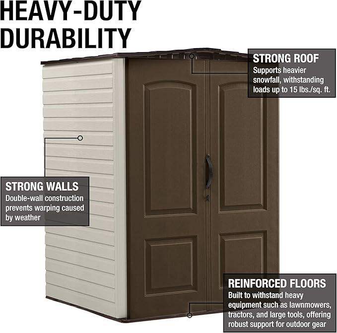 Rubbermaid Medium Vertical Resin Outdoor Storage Shed With Floor (5 x 4 Ft), Weather Resistant, Brown, Organization for Home/Backyard/Pool/Garden/Lawn Tools