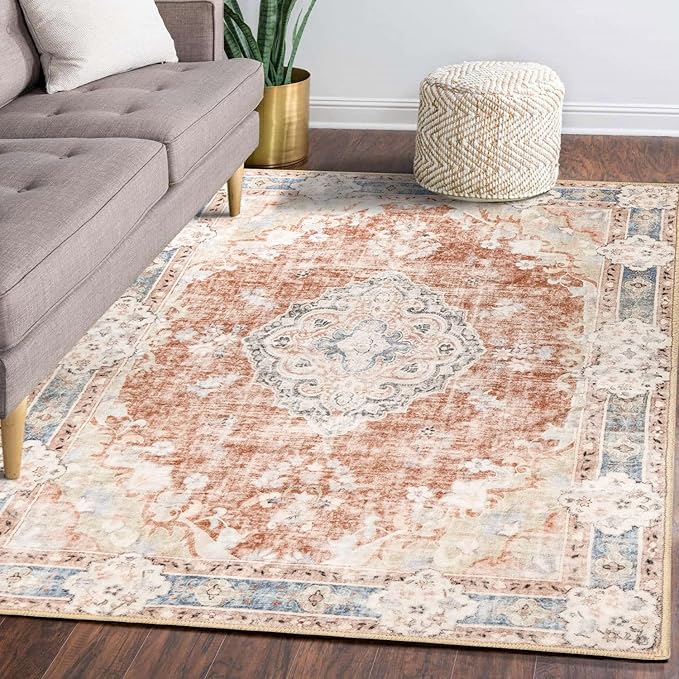 MUJOO 5'x7' Machine Washable Area Rugs for Living Room, Boho, Bedroom Laundry Room Kitchen Non Slip Carpet Abstract Soft Low-Pile Orange Navy Blue Floral.