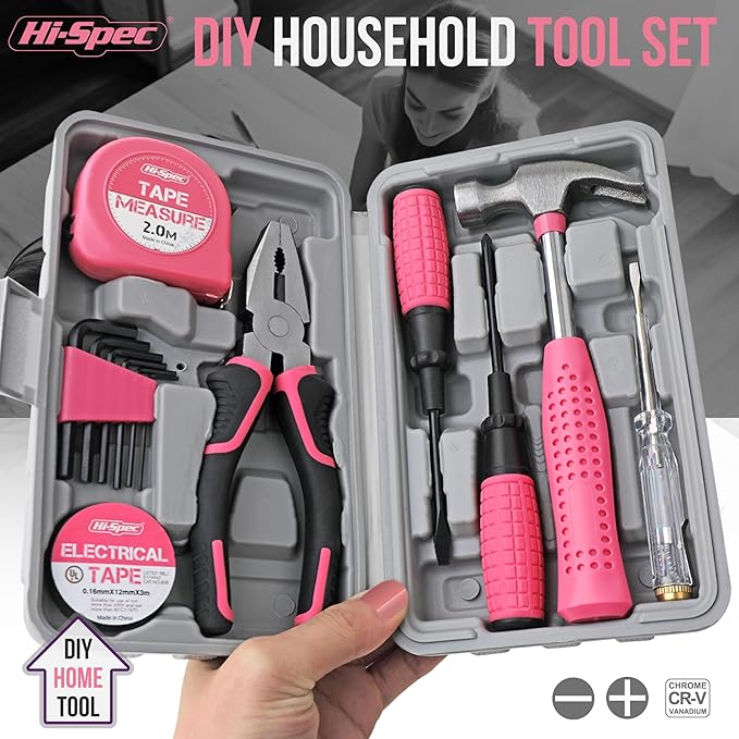 Hi-Spec Mini Tool Kit: Pink Basic Tool Box for College/Dorm, Home & Office DIY. Household Basic Repairs in a Portable Case