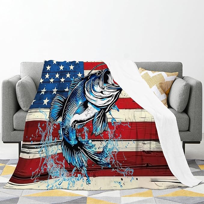 Bass Fish Blanket American Flag Fishing Throw Blankets Gifts for Girls Boys Kids Fishing Lover Soft Cozy Fleece Plush for Couch Sofa Bed 60"x50"