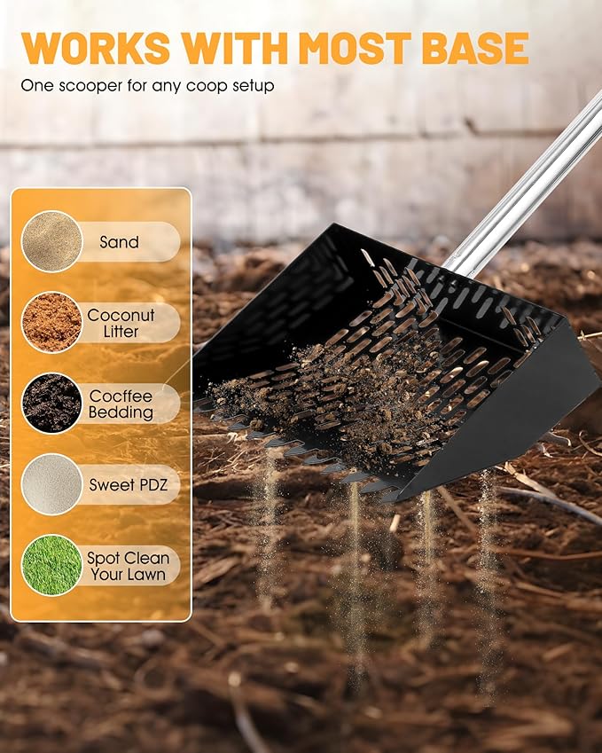 Chicken Poop Scooper and Rake – 2-in-1 Metal Litter Sifter for Chicken Coops, Sand, and Runs with 22–62" Adjustable Handle, Heavy-Duty Cleaning Tool for Chicken and Duck