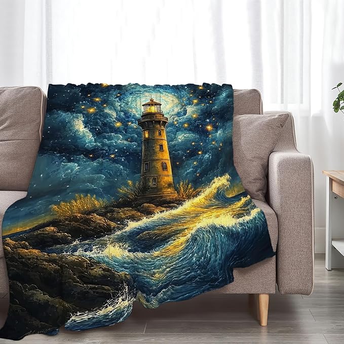 Lighthouse Blanket Coastal Lighthouse Starry Night Throw Blankets Gifts for Girls Boys Kids Soft Cozy Fleece Plush for Couch Sofa Bed 80"x60"