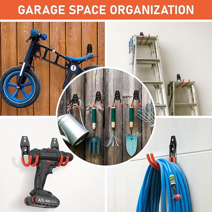 Garage Hooks with Anti-Slip Coating,Heavy Duty Wall Mount Storage Hooks for Hanging Bike,Hose,Ladder,Yard,Garden Tools (42 Pack Orange)