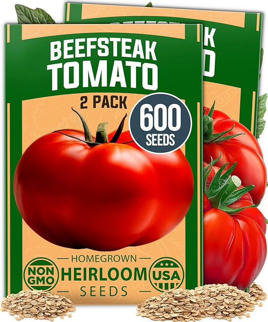 HOME GROWN Beefsteak Tomato Seed 2Pack - 600 Heirloom Tomato Seeds for Planting Outdoors – High-Yield Non-GMO Vegetable Seeds for Growing Large, Meaty Tomatoes for Summer Dishes (Solanum lycopersicum)